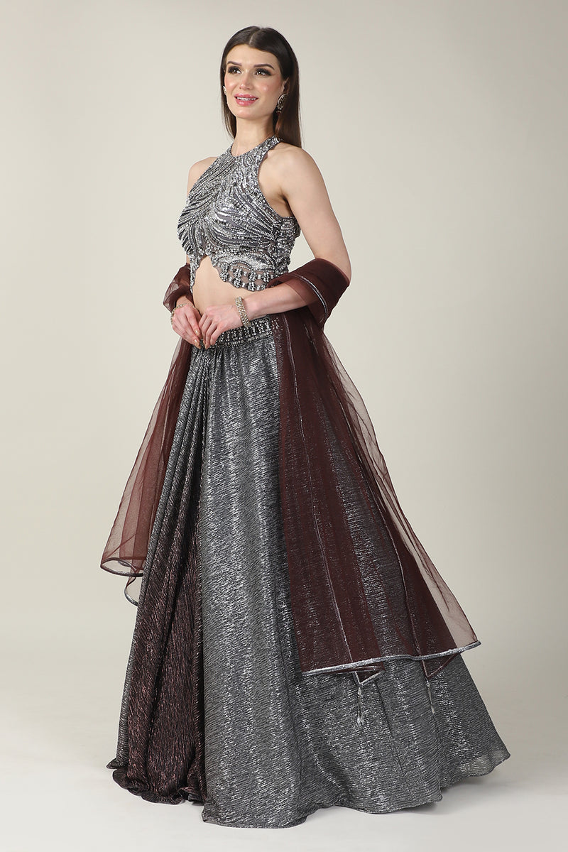 GREY EMB TOP WITH TWO TONE CRINKLE SKIRT