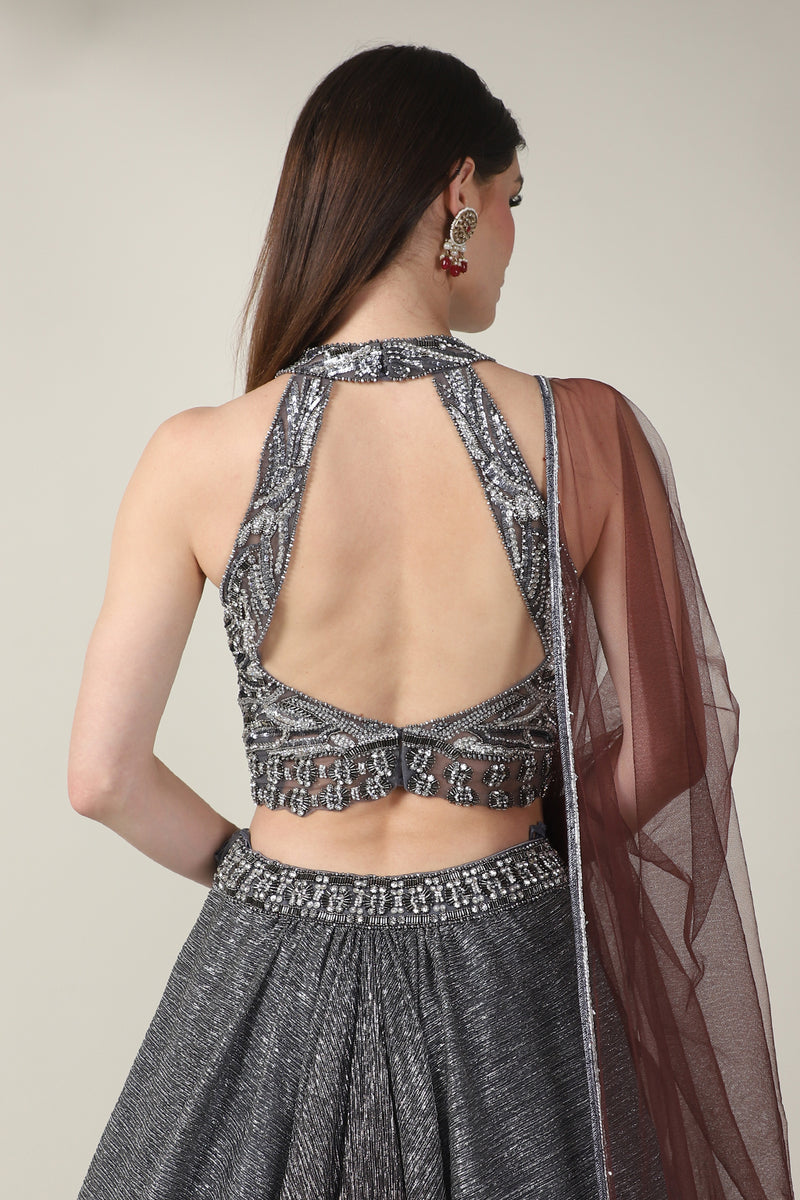 GREY EMB TOP WITH TWO TONE CRINKLE SKIRT