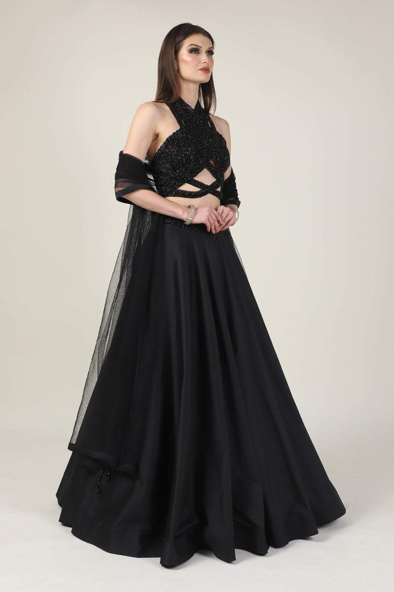 BLACK EMB TOP WITH SKIRT