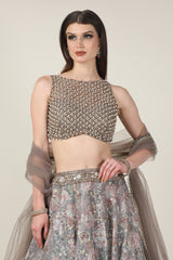 PEARL TOP WITH  GREY PRINTED ZARI SKIRT