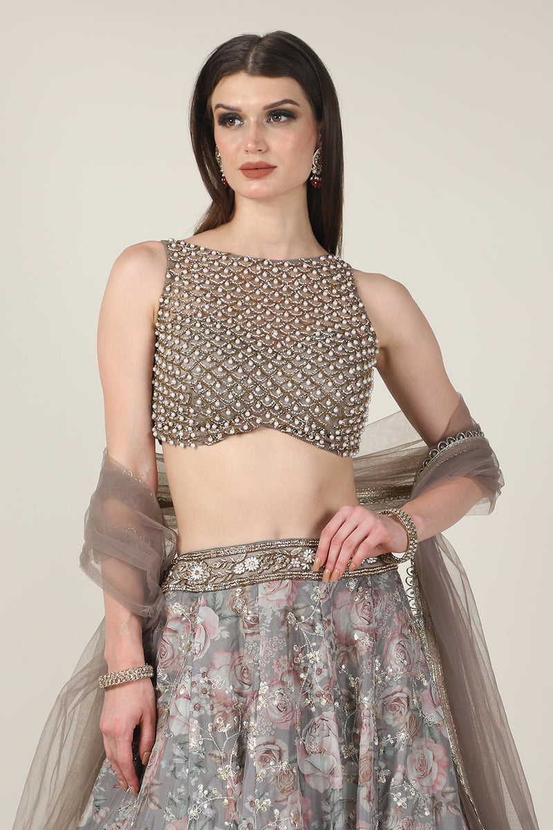 PEARL TOP WITH  GREY PRINTED ZARI SKIRT