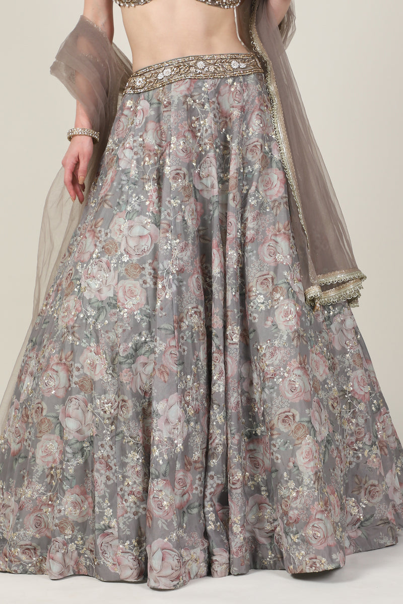 PEARL TOP WITH  GREY PRINTED ZARI SKIRT