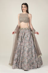 PEARL TOP WITH  GREY PRINTED ZARI SKIRT