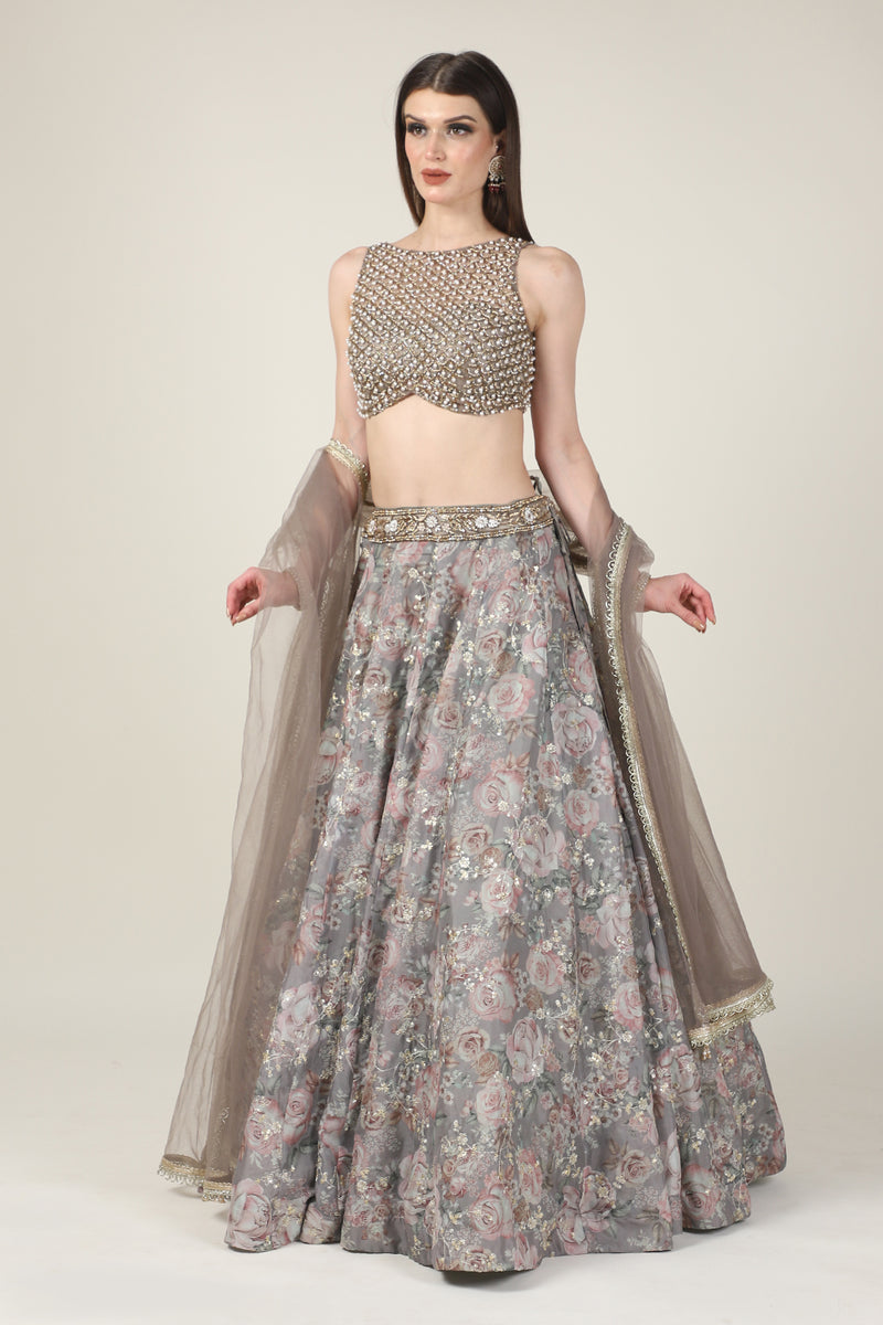 PEARL TOP WITH  GREY PRINTED ZARI SKIRT