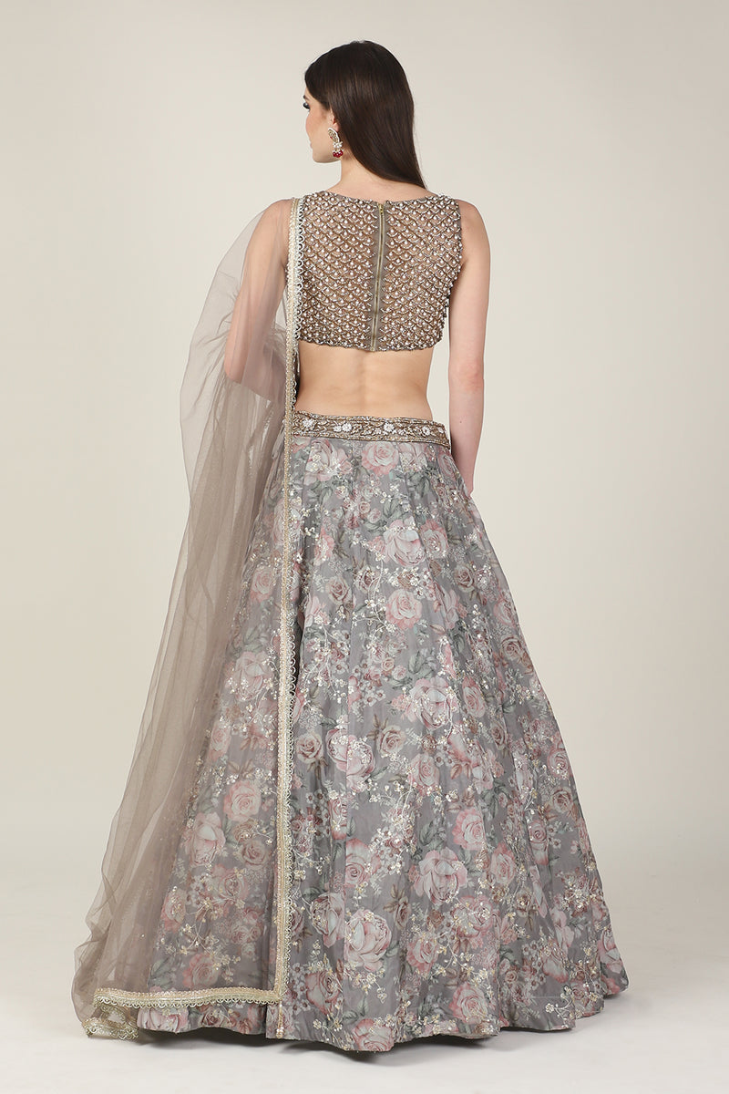 PEARL TOP WITH  GREY PRINTED ZARI SKIRT