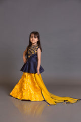 Kidswear navy blue peplum top with yellow skirt and yellow dupata