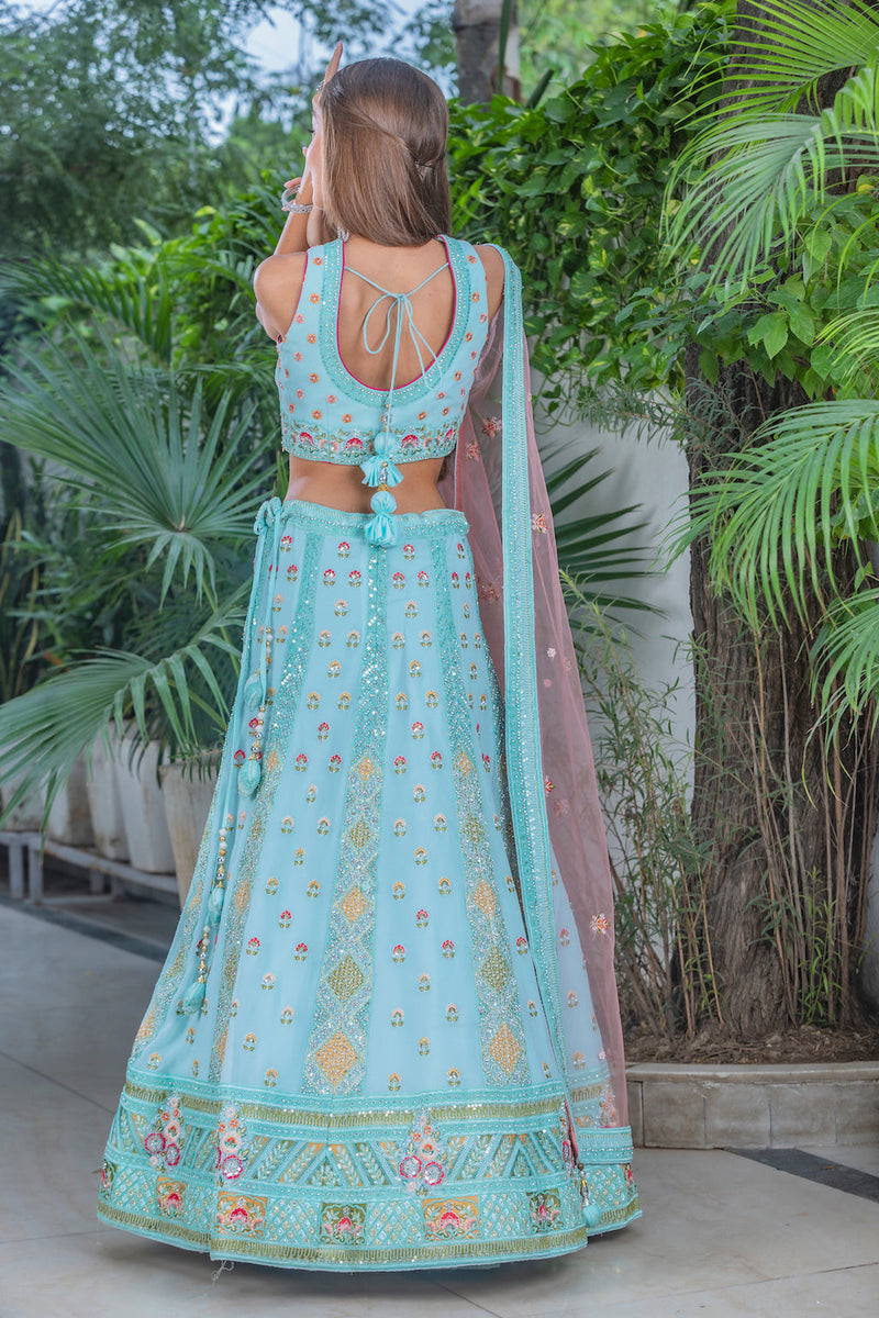 Blue Lehenga with contrast scarf