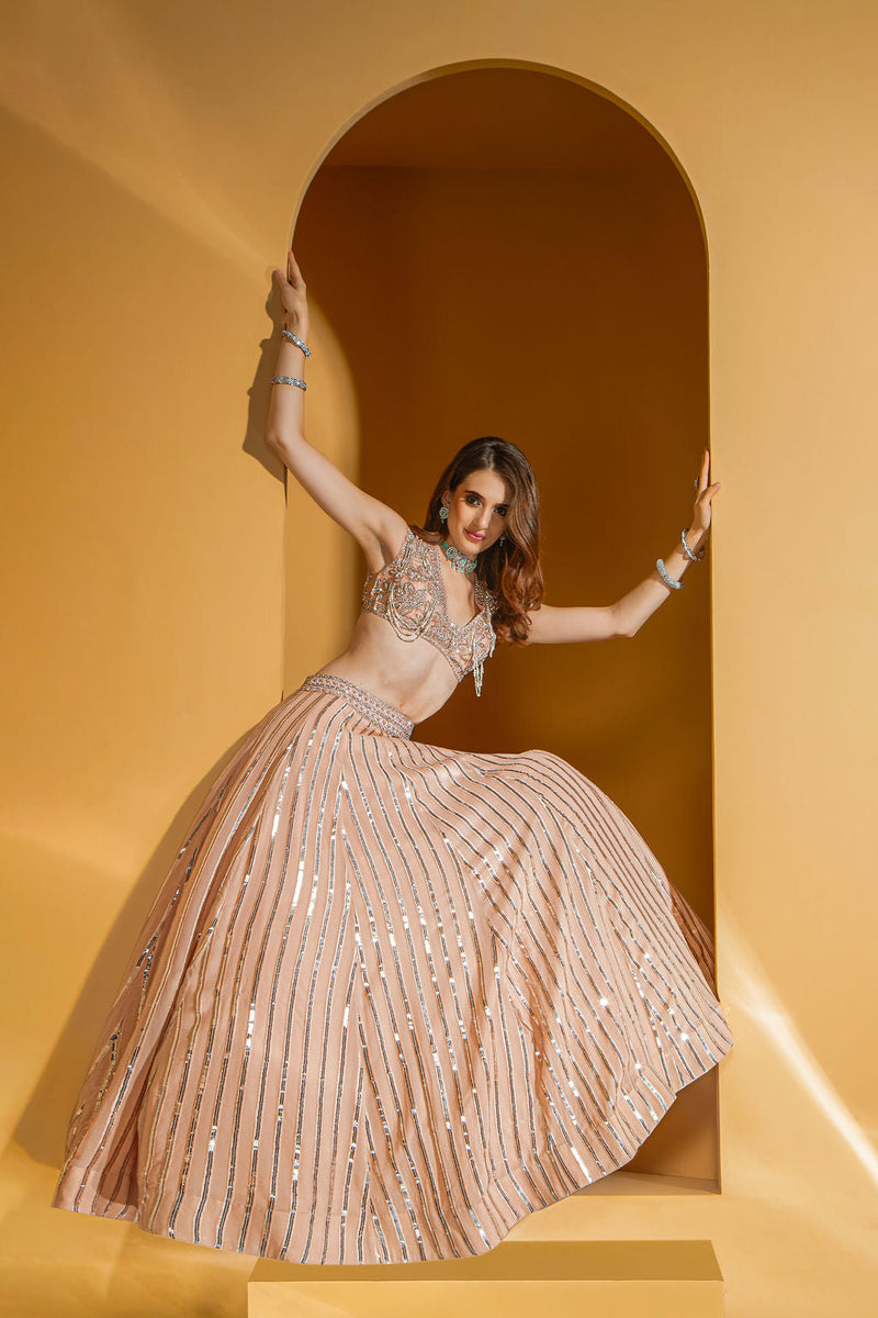 Peach Nude enbroidered top with Skirt