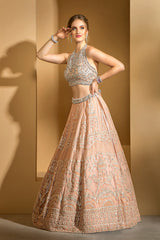 Blush Pink Halter Neck embroidered top with skirt and scarf