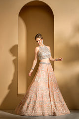Blush Pink Halter Neck embroidered top with skirt and scarf