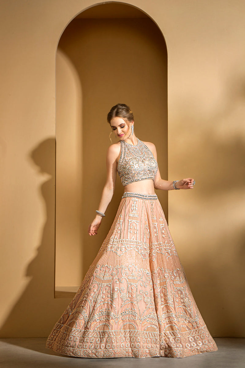 Blush Pink Halter Neck embroidered top with skirt and scarf