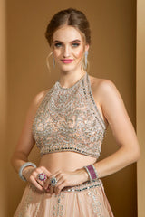 Blush Pink Halter Neck embroidered top with skirt and scarf