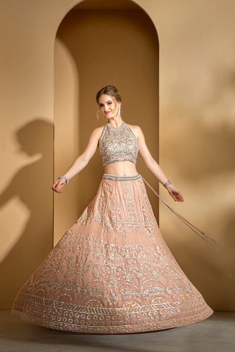 Blush Pink Halter Neck embroidered top with skirt and scarf