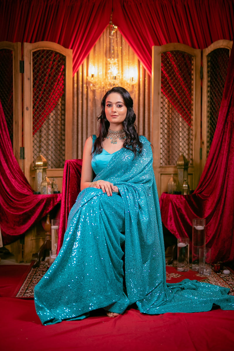 Ferozi Blue Shimmer Sequins Saree