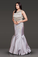 GREY TOP FULL EMBROIDERED AND TASSELS ON IT WITH FISH CUT SKIRT WITH EMBROIDERY NET SCARF
