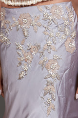GREY TOP FULL EMBROIDERED AND TASSELS ON IT WITH FISH CUT SKIRT WITH EMBROIDERY NET SCARF
