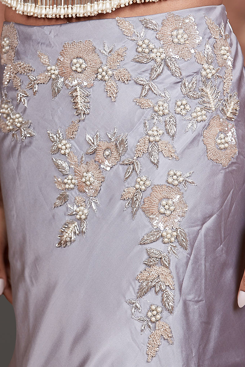 GREY TOP FULL EMBROIDERED AND TASSELS ON IT WITH FISH CUT SKIRT WITH EMBROIDERY NET SCARF