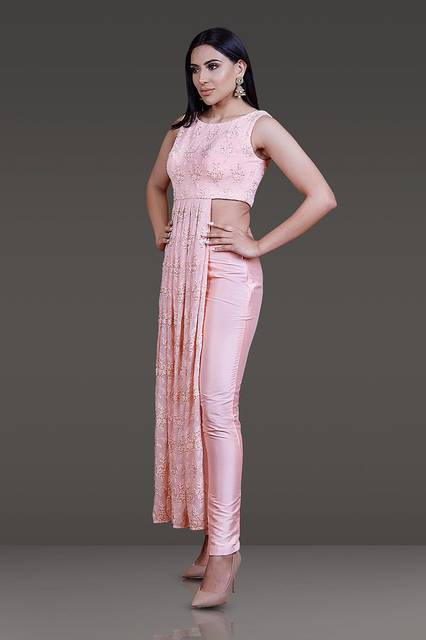 BABY PINK ONE SIDE OPEN CHICKANKARI PLEATED ANARKALI