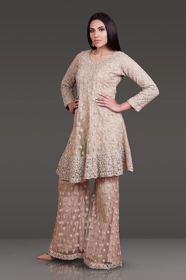 Gold Colour Tone-to-Tone embroidered Net Kameez with Sharara and Dupatta