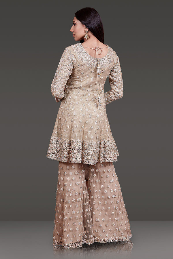 Gold Colour Tone-to-Tone embroidered Net Kameez with Sharara and Dupatta