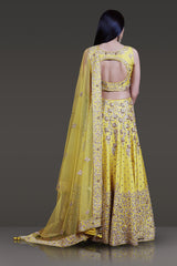 Bright Yellow Taffeta Silk Lehenga-Top-Dupatta Embossed with Ivory Gold & Stone Work