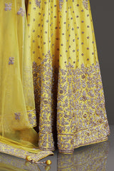 Bright Yellow Taffeta Silk Lehenga-Top-Dupatta Embossed with Ivory Gold & Stone Work