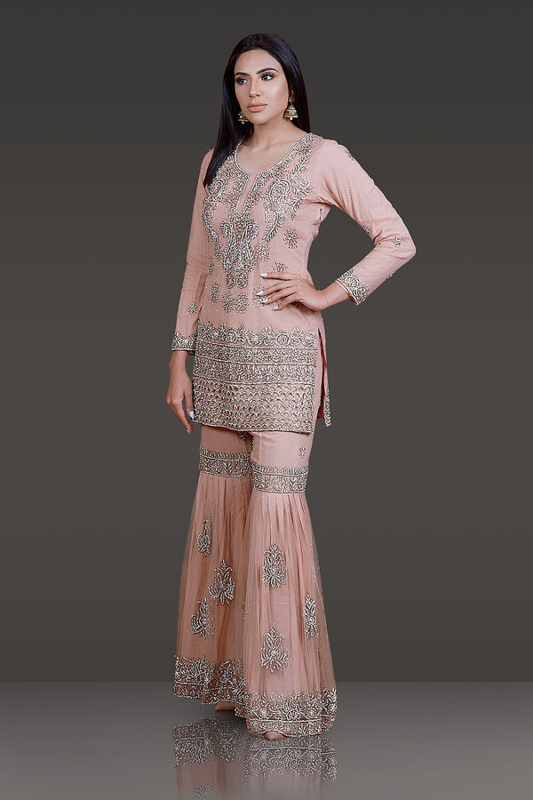 Dark Nude Kameez with Zarkan Embroidery and Cutwork, Net Sharara and Dupatta