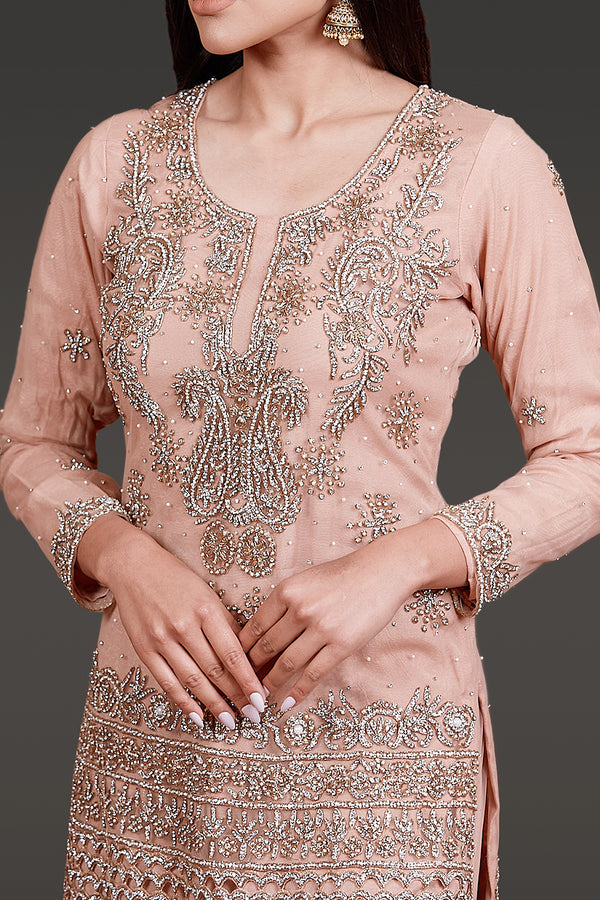 Dark Nude Kameez with Zarkan Embroidery and Cutwork, Net Sharara and Dupatta