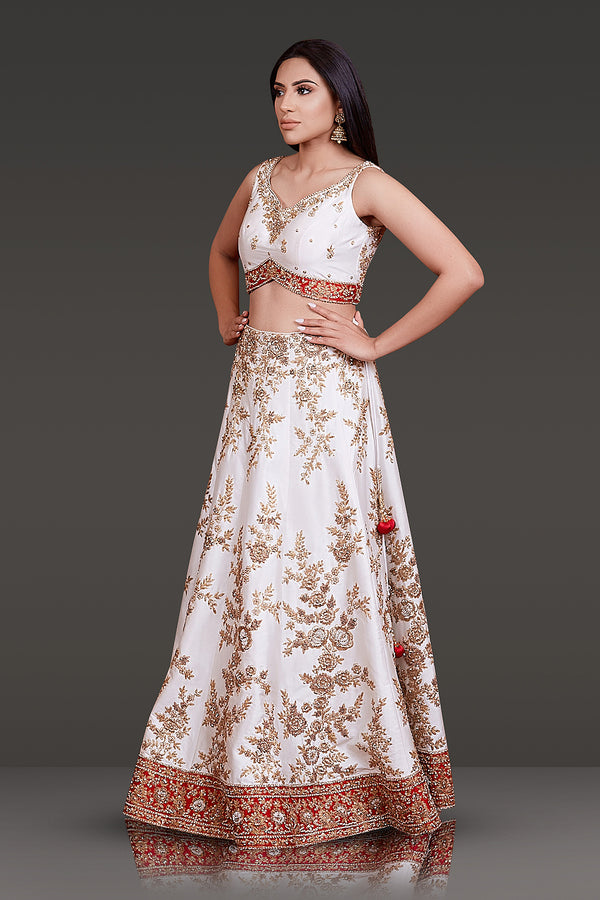 WHITE TAFFETA SILK LEHENGA,TOP AND DUPATTA WITH DABKA EMBROIDERY