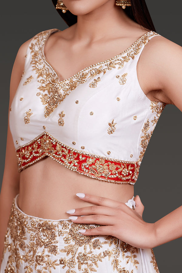 WHITE TAFFETA SILK LEHENGA,TOP AND DUPATTA WITH DABKA EMBROIDERY
