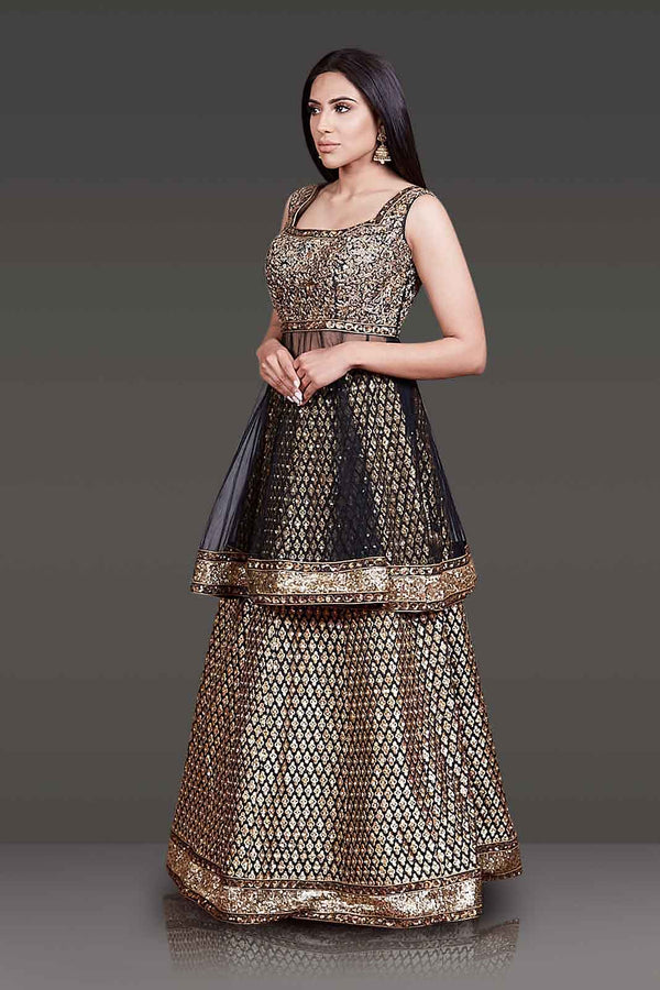Black Net Peplum Silk Skirt and Net Dupatta with Gold Zari Embroidery