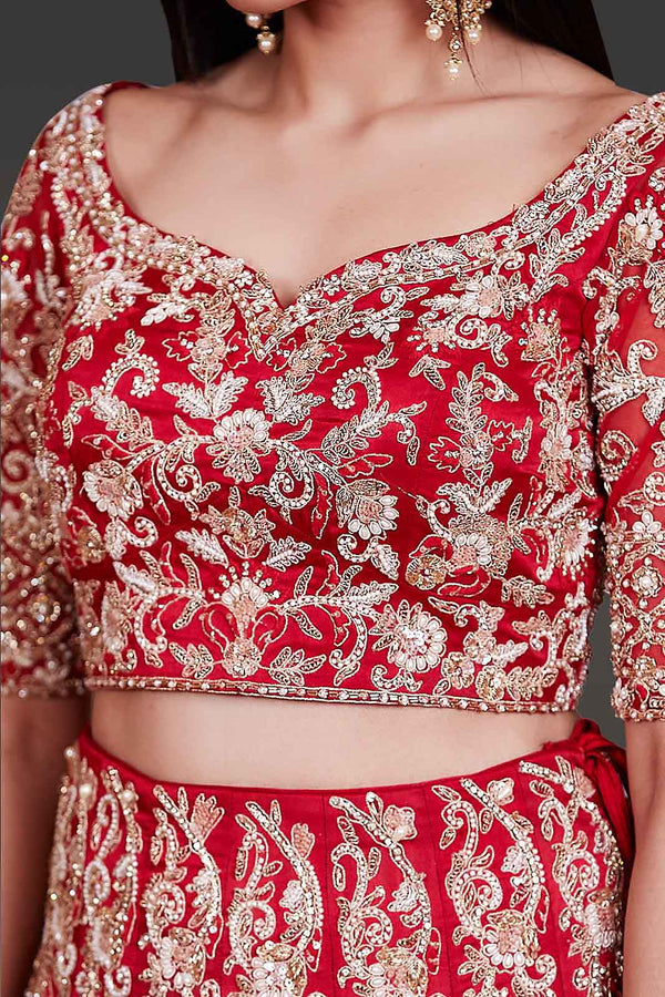 Bridal Red Lehenga Top With Net Scarf