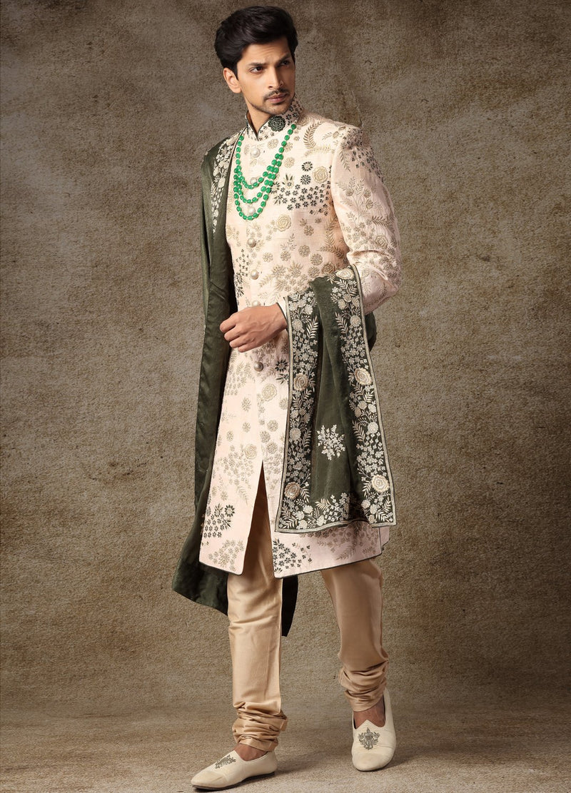 Rosey Beige Embroidered Sherwani 