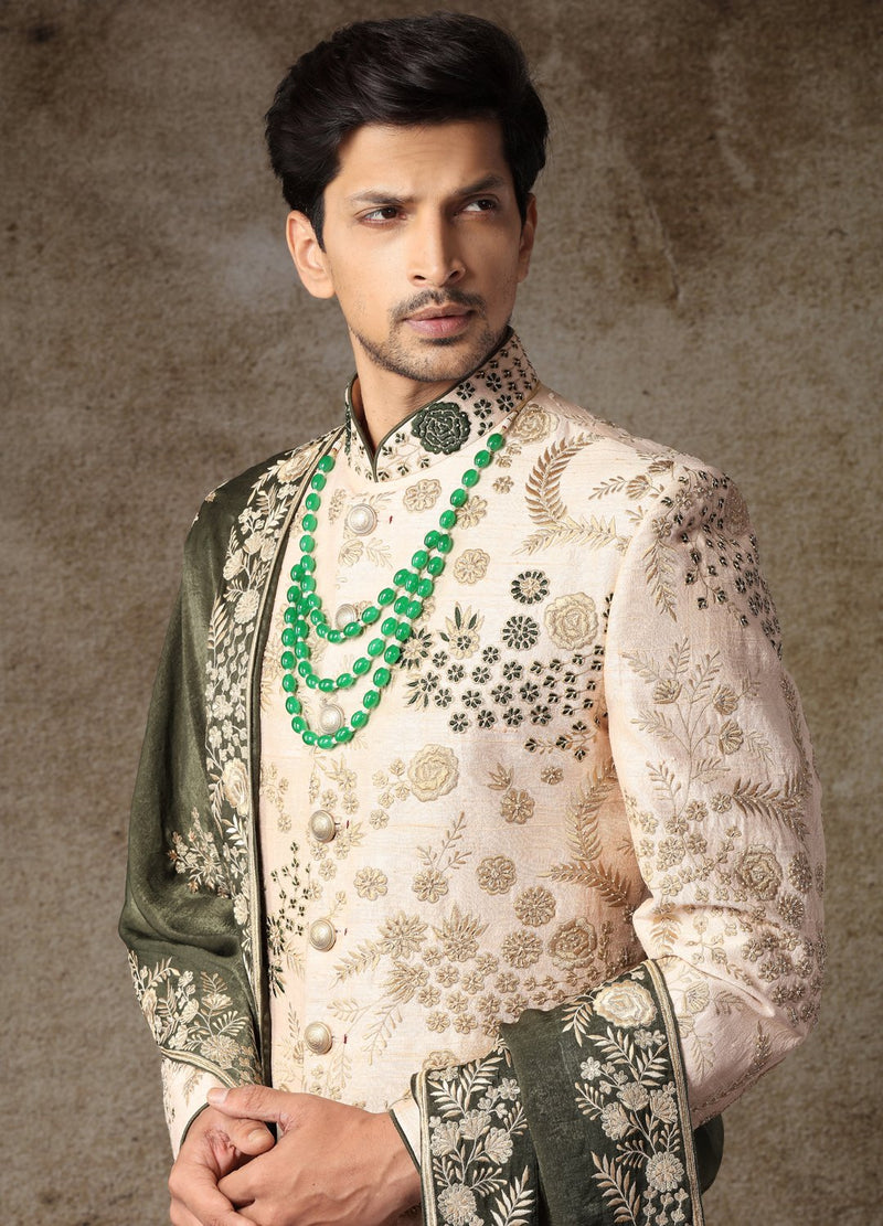 Rosey Beige Embroidered Sherwani 
