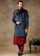 Maroon And Ink Blue Indo-Western Kurta Sherwani 