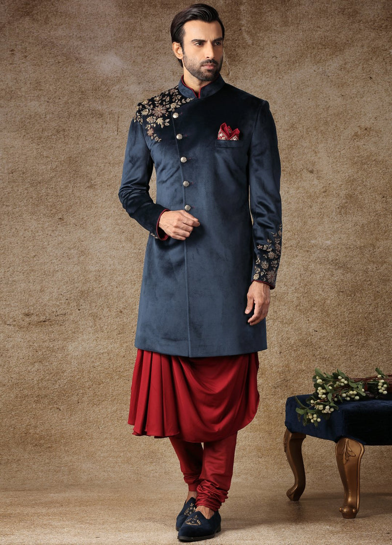 Maroon And Ink Blue Indo-Western Kurta Sherwani 