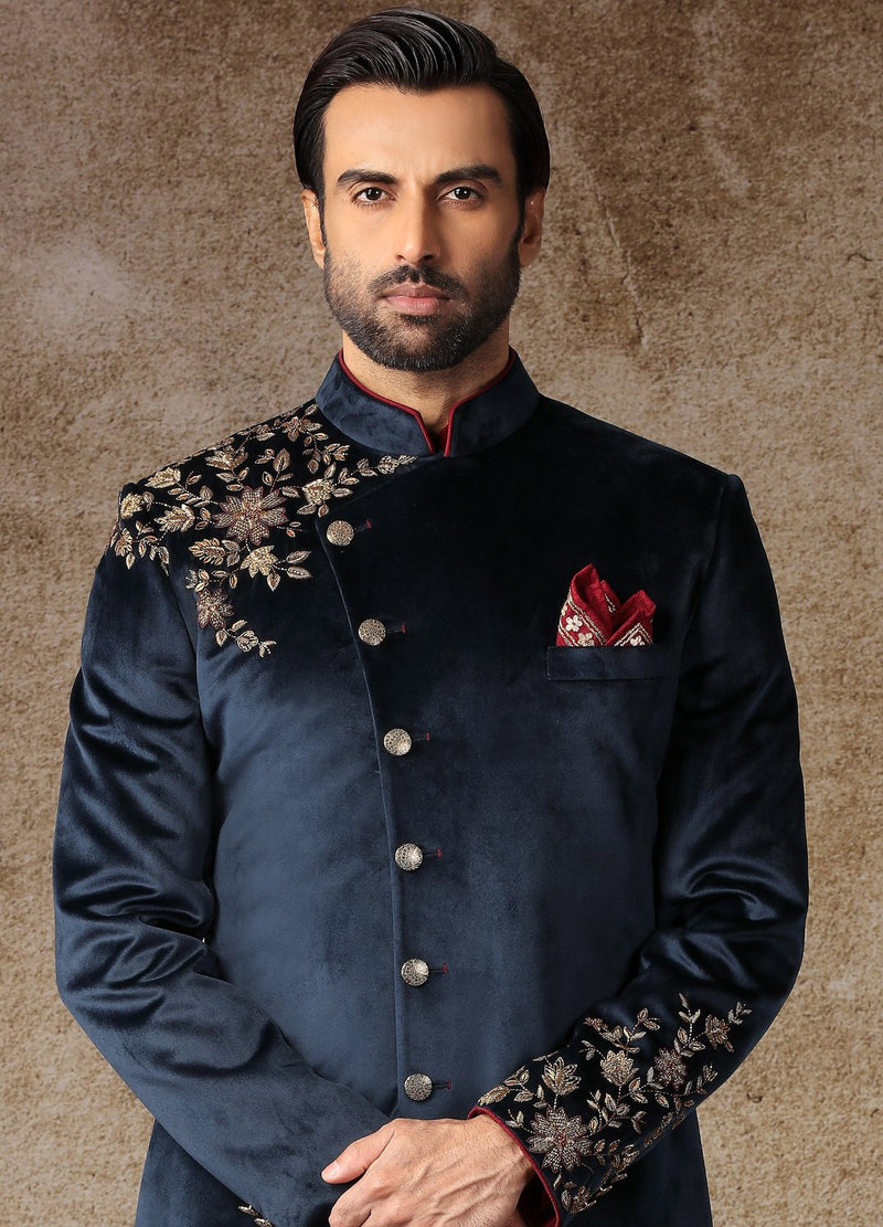 Maroon And Ink Blue Indo-Western Kurta Sherwani 