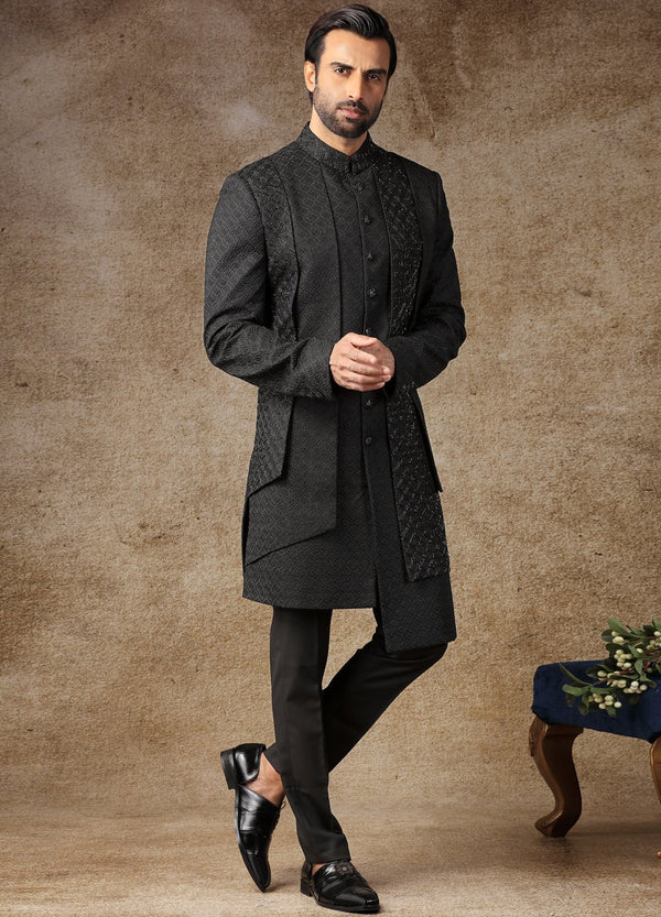 Black Embroidered Asymmetric Sherwani