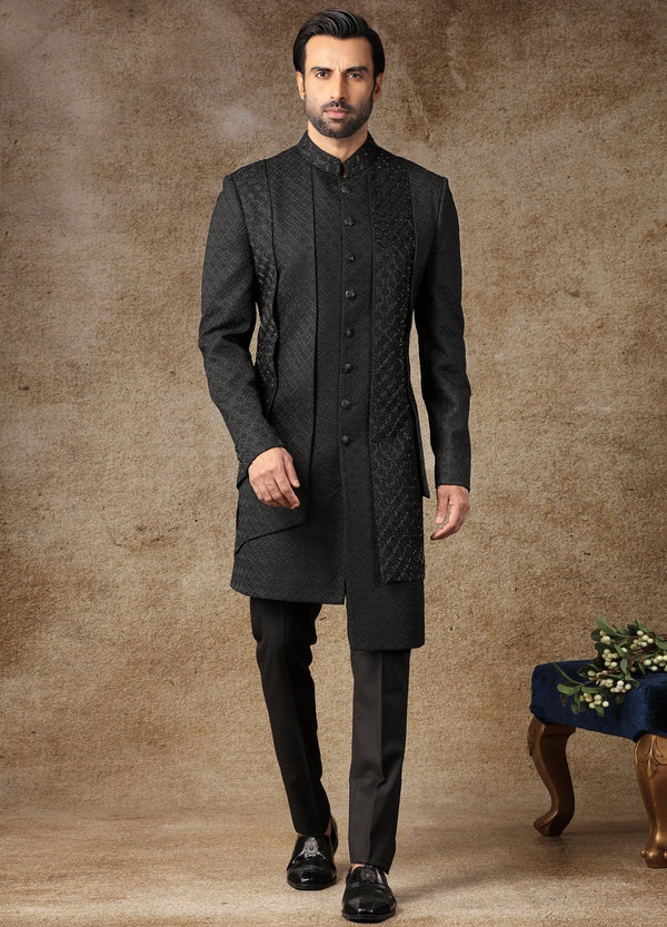 Black Embroidered Asymmetric Sherwani