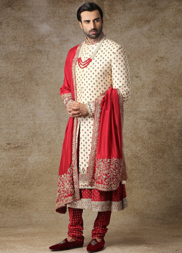 Pearl White And Maroon Sherwani Kurta