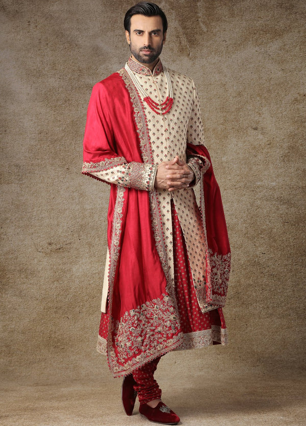 Pearl White And Maroon Sherwani Kurta
