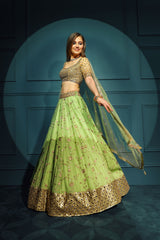 Golden blouse with green skirt