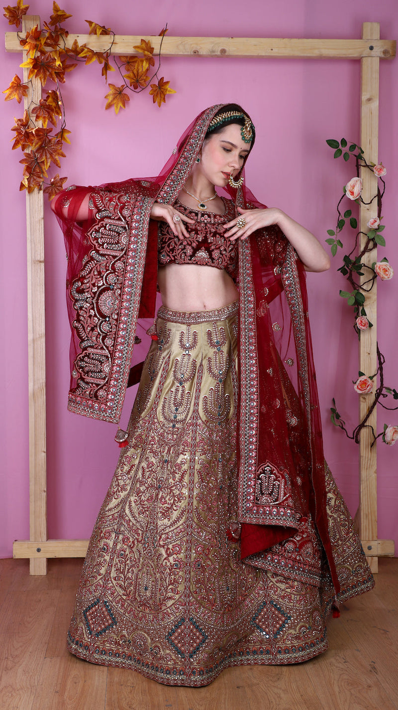 Golden Lehenga with red top and scarf