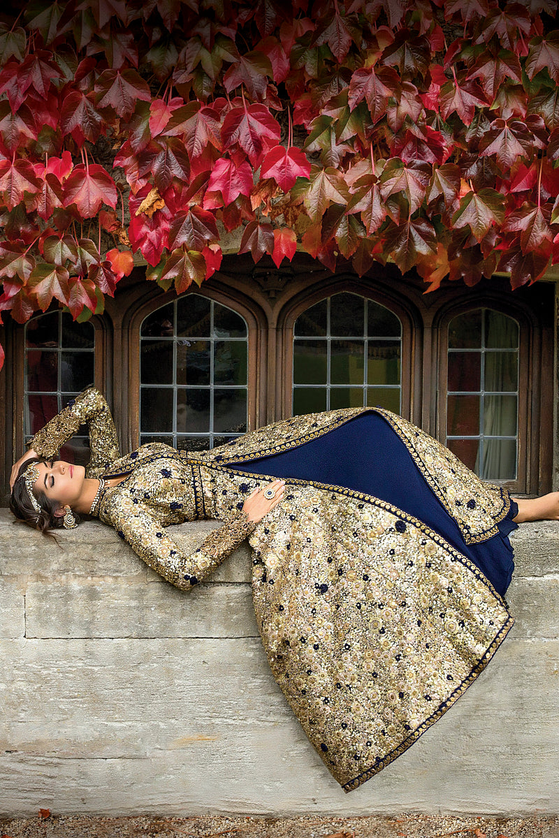Golden and blue Jacket style Bridal Gown