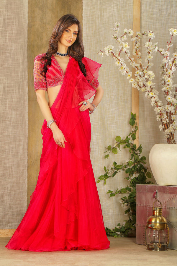 Stylish Pink Drape Saree