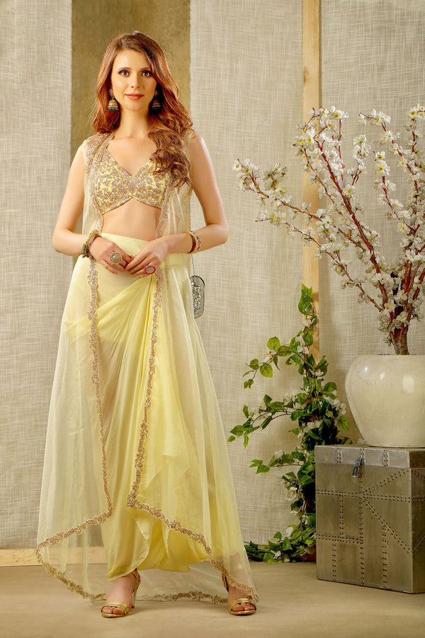 Lemon Yellow embroidered top with pullup skirt and cape