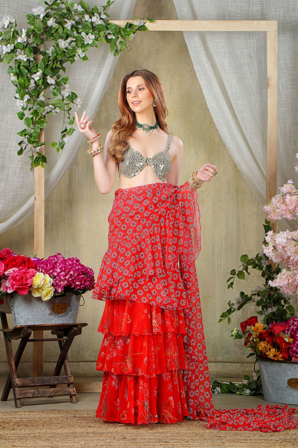Red Printed Ruffle Saree with mirror embroidered Blouse