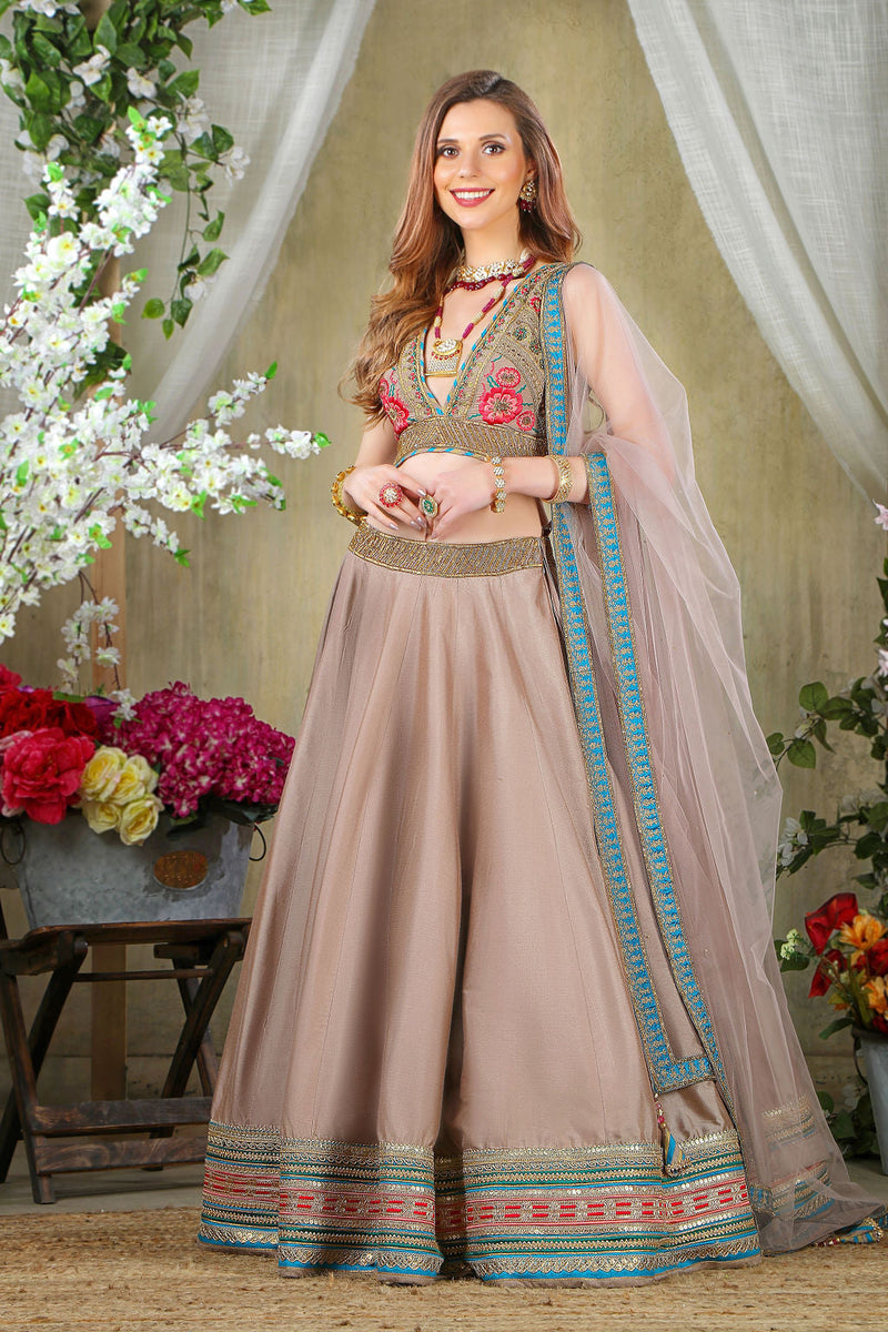 Grey Brown embroidered Top with matching Skirt