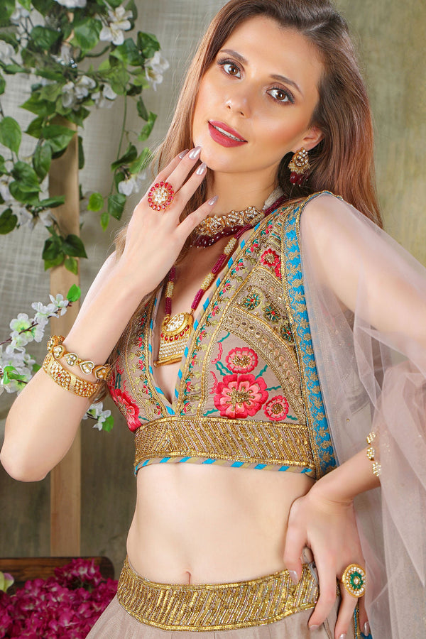 Grey Brown embroidered Top with matching Skirt
