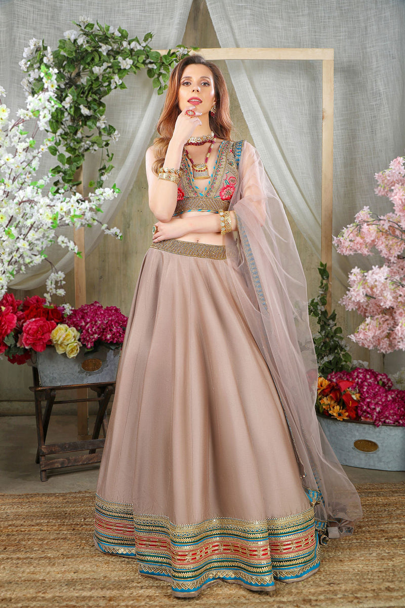 Grey Brown embroidered Top with matching Skirt